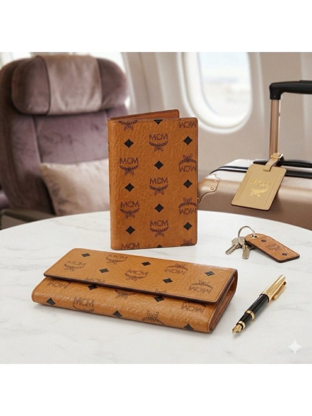 Vintage MCM Cognac Visetos Leather Bifold Wallet & Passport / Cardholder